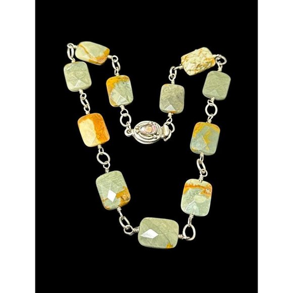 Vintage Southwestern Sterling Silver and Jasper Beaded Necklace Rectangle - Picture 2 of 7